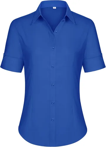 Miniatura 12 de siliteelon Camisas de vestir de manga corta con botones para mujer, camisas de algodón con botones para mujer, blusa ajustada de manga 3/4
