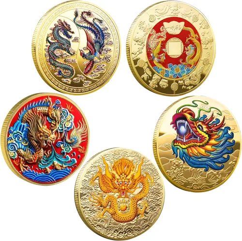 5 piezas de monedas de la suerte chinas de dragón chino del zodiaco monedas antiguas criaturas míticas de la suerte para oficina, colección de