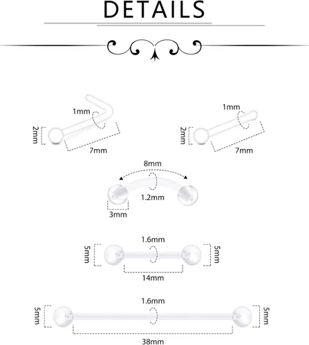 Miniatura 2 de D.Bella Kit de Retenedores de Piercing Transparentes Estilo Mix, Retenedores de Piercing Flexibles para Labios, Nariz, Cejas, Pezones, Lengua