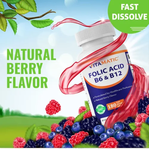 Miniatura 7 de Vitamatic Ácido fólico, vitamina B12 y B6 – 180 tabletas de disolución rápida Salud del corazón, producción de energía y apoyo de glóbulos rojos