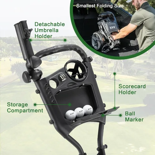 Miniatura 6 de KVV Carrito de empuje de golf de 3 ruedas ultra ligero tamaño plegable más pequeño, soporte para tarjeta de puntuación de nueva versión Gris