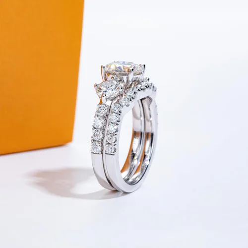 Miniatura 5 de AimiIee Juego de anillos de boda de moissanita, 3.7 CTTW color D, claridad VVS1, redondo, talla brillante, diamante de moissanita S925, anillos