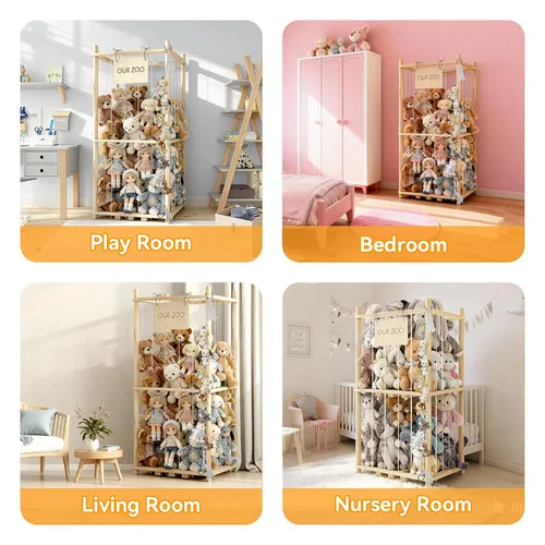 Miniatura 5 de Organizador de almacenamiento de animales de peluche, soporte de madera para juguetes de zoológico para habitaciones, salas de juegos y dormitorios