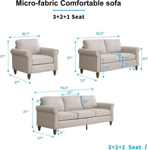 Miniatura 2 de PUREMIND Juego de sofá de 2 piezas para muebles de sala de estar, juego de sofá y silla de oficina moderno de lino con patas de madera maciza, sofá
