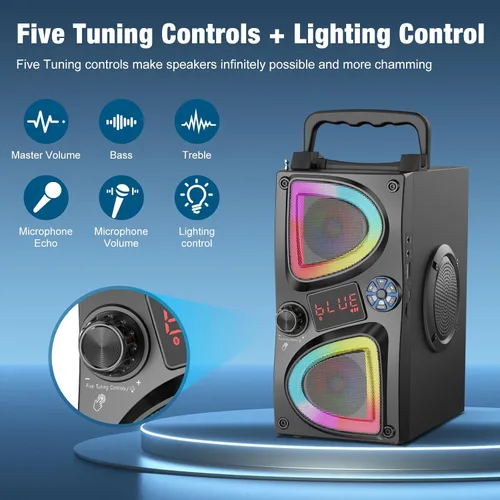 Miniatura 4 de Altavoz Bluetooth, 60W (Pico) Altavoces Inalámbricos Portátiles Pequeños para Fiestas en Casa con Doble Subwoofer de Graves Profundos, Radio, Luces