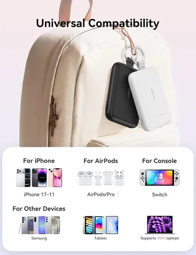 Miniatura 6 de RORRY CharmGo - Cargador portátil, 10000 mAh PD 30 W, cargador portátil de carga rápida con cables integrados, llavero de viaje para iPhone Negro