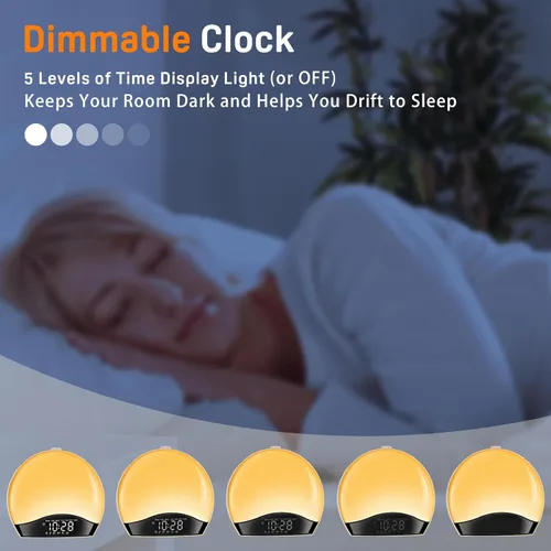 Miniatura 7 de JALL Reloj despertador Sunrise para dormitorios con máquina de sonido de ruido blanco, despertador de luz despertador para personas que duermen
