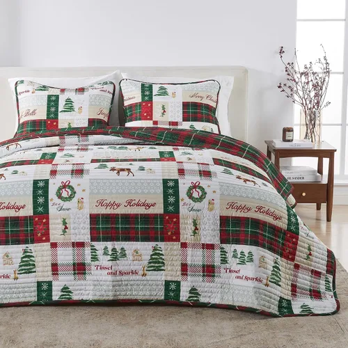 Miniatura 12 de Great Bay Home Juego de edredón navideño de 3 piezas con fundas de almohada. Colcha cubrecama reversible con patrón navideño. Colección Holly Ciervo