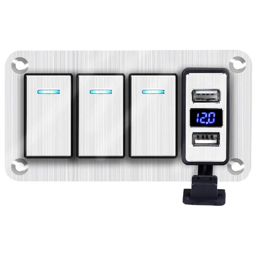Miniatura 29 de Panel de interruptor basculante de aluminio de 2 vías, impermeable, precableado con retroiluminación azul, interruptor de palanca