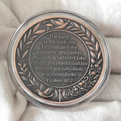 Miniatura 2 de Moneda inspiradora de desafío cristiano, The Lord is My Rock, aleación de zinc, 1.57 pulgadas de diámetro, Escritura del Salmo 18:2, funda Moneda