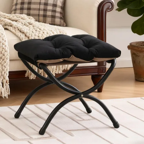 Welnow Taburete plegable, otomana tapizada con acento pequeño con cojín de algodón grueso desmontable acolchado y marco de metal para silla Negro