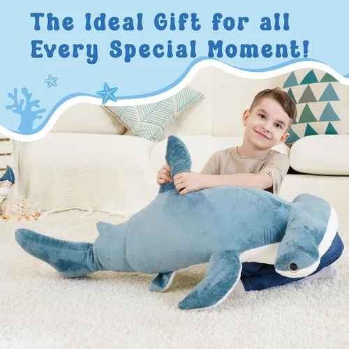 Miniatura 7 de juguete de peluche de tiburón con cabeza de martillo de 37 pulgadas, tiburón gigante suave y realista, tiburón de peluche azul para océano, regalo