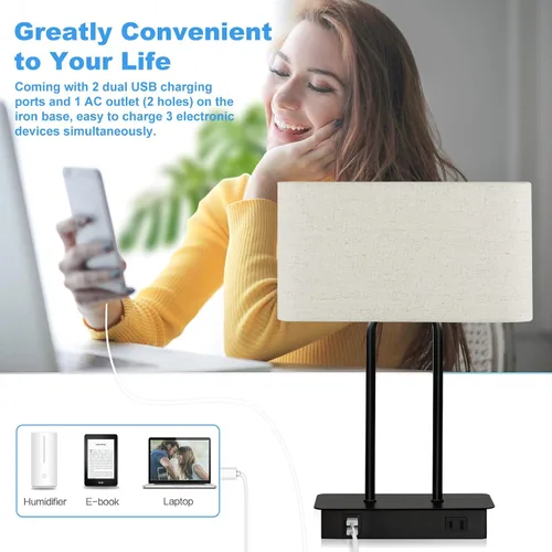 Miniatura 3 de Lámpara de mesa con control táctil y puertos de carga USB duales, 1 salida de CA, lámpara de mesita de noche moderna regulable de 3 vías con Crema