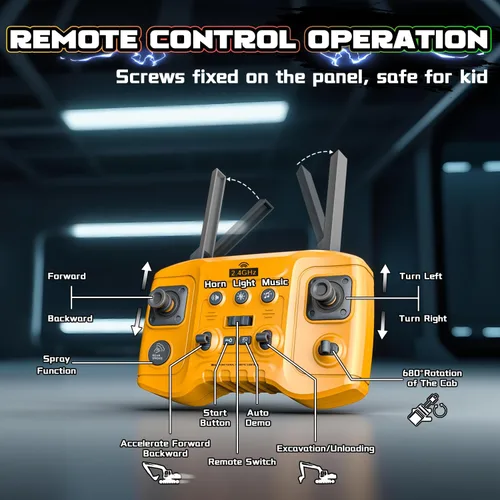 Miniatura 8 de Excavadora de juguete a control remoto para niños de 3 años, vehículo de construcción RC con aerosol, batería recargable/rotación de 680°, pala
