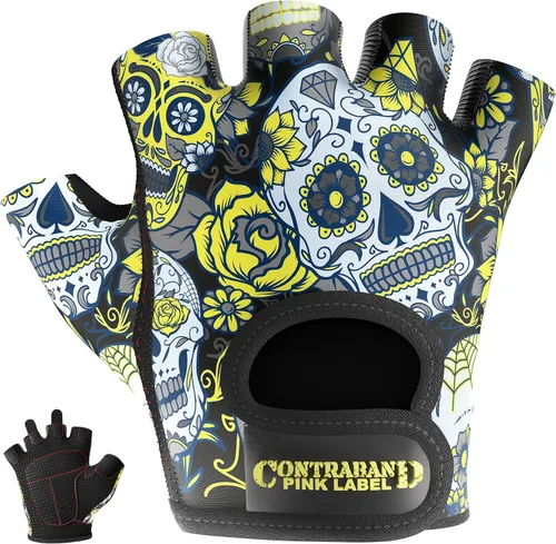 Contraband Pink Label 5237 - Guantes de entrenamiento de diseñador para mujer, estampado de calavera de azúcar y acolchado Grip-Lock™ (amarillo, M)