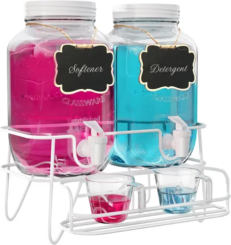 Miniatura 7 de Roetell 2 juegos de dispensador de detergente para ropa de 1 galón con soporte, taza medidora, contenedor de detergente de vidrio