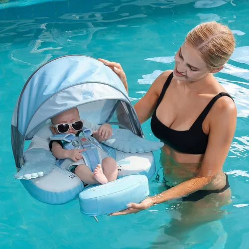 Miniatura 8 de Mambobaby Flotador con Cola para Bebé con Toldo, Flotador de Piscina Infantil, Entrenador de Natación para Bebés, Flotador de Agua sin Aire, Ángel