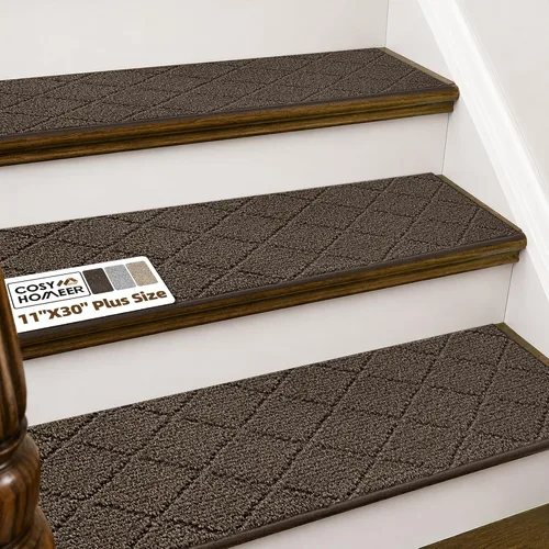 Miniatura 43 de COSY HOMEER - Alfombra antideslizante para escaleras, para interiores y escalones de madera, para niños y perros, 100 % poliéster, base de Beige