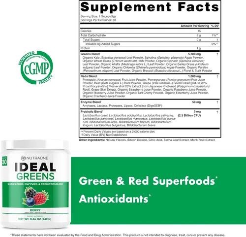 Miniatura 5 de NutraOne Ideal Greens Suplemento en polvo de verduras antioxidantes y ricos en nutrientes (baya natural - 30 porciones)