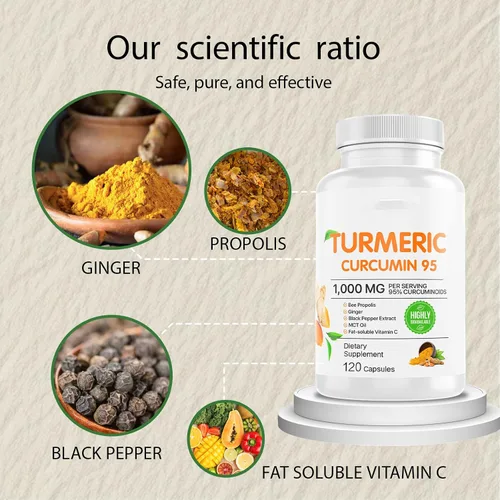 Miniatura 5 de Elm & Herb - Suplemento de curcumina de cúrcuma pura de 1,000 mg 95% curcuminoides con propóleos de abeja, jengibre, aceite MCT, vitamina C