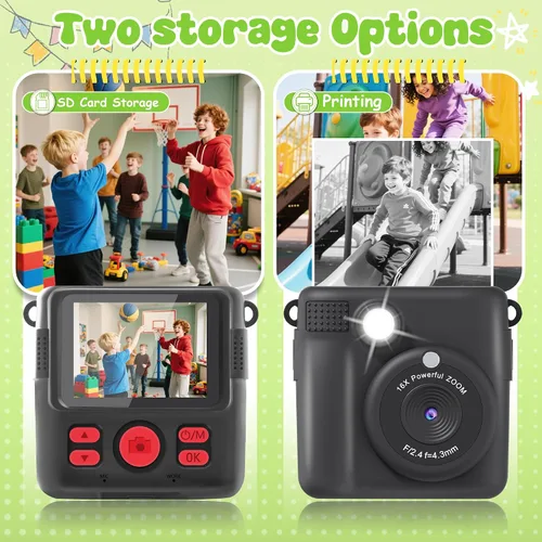 Miniatura 2 de Cámara para niños con impresión instantánea, cámara segura para niños pequeños, pantalla de 2.4 pulgadas, 1080P con zoom 16X, tarjeta TF de 32GB