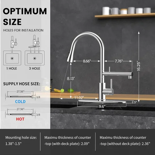 Miniatura 6 de FEELSO Grifos de cocina, grifo de cocina con filtro de agua mejorado con rociador desplegable, acero inoxidable níquel cepillado arco alto grifo