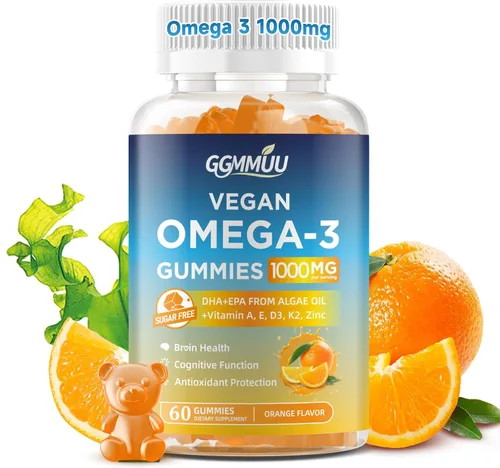 Gomitas veganas Omega 3 de 1000 mg de aceite de algas Omega 3 Suplemento para adultos con algas DHA 600 mg y EPA 300 mg alternativa al aceite de