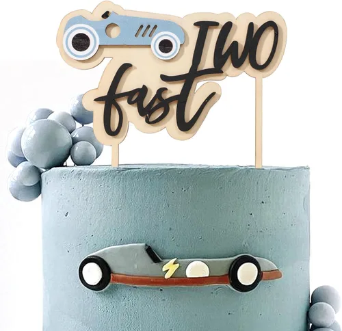 Miniatura 4 de Decoración para tarta de cumpleaños de dos días rápidos, decoración de madera para tartas de coche de carreras, decoración de segundo cumpleaños