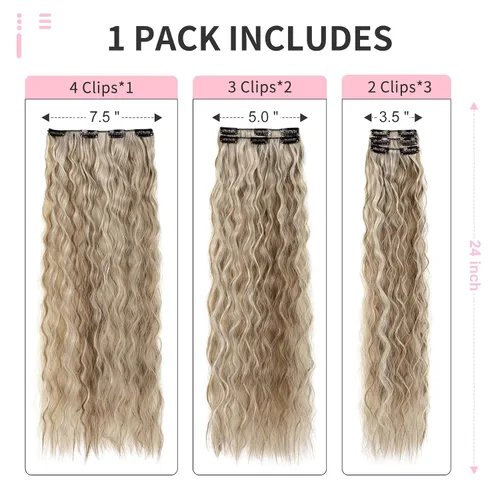 Miniatura 3 de Flufymooz - Extensiones de cabello con clip, 6 unidades, extensiones de cabello largas con ondas de sirena, sintético, postizo para mujer, 24 Marrón