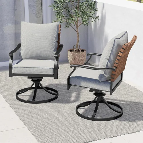 Miniatura 18 de Grand patio Juego de comedor de exterior de 5 piezas, 4 sillas de patio giratorias de mimbre con aspecto de cuero y 1 mesa de comedor cuadrada