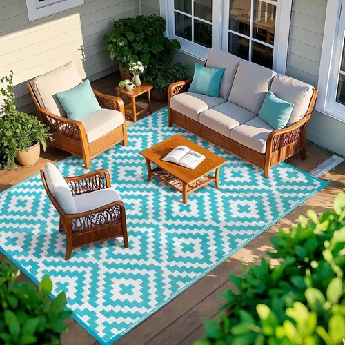 Miniatura 7 de Alfombra de paja de plástico para patio al aire libre, 5 x 8 pies, impermeable, reversible, alfombra de área, patio, caravana, porche, balcón, Azul