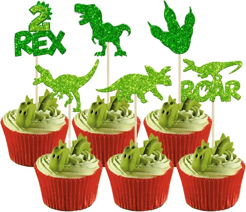 Miniatura 10 de Gyufise 24 piezas de adornos de dinosaurios con purpurina azul 3 Rex Roar Dinosaur Cupcake Picks Three Years Old Dino Theme Baby Shower 3er Birthday