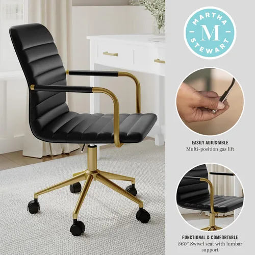 Miniatura 4 de Martha Stewart Taytum - Silla giratoria de escritorio con reposabrazos para oficina en casa, en cuero sintético negro con marco de latón pulido