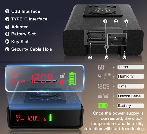 Miniatura 5 de ORARAER Caja fuerte biométrica inteligente para armas con carga inalámbrica, 3 cajas de dinero de acceso rápido con huella dactilar, caja fuerte