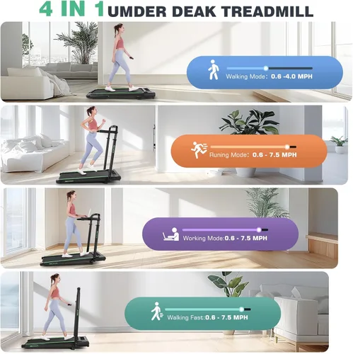 Miniatura 7 de ANCHEER Cinta de correr con inclinación del 12%/15% de 3.5HP, máquina plegable para debajo del escritorio con barra de mano, capacidad de 320-450lb