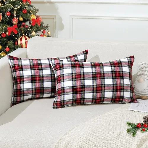 Miniatura 18 de OTOSTAR Paquete de 2 fundas de almohada decorativas de cuadros búfalo navideños de 12x20 pulgadas, lino clásico estilo granja, fundas de cojín