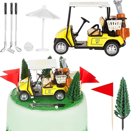 Miniatura 9 de Leitee 21 piezas de decoración de pastel de golf con mini carrito, bandera roja, bola, árbol verde, club, sombrilla de sol para decoración de pastel