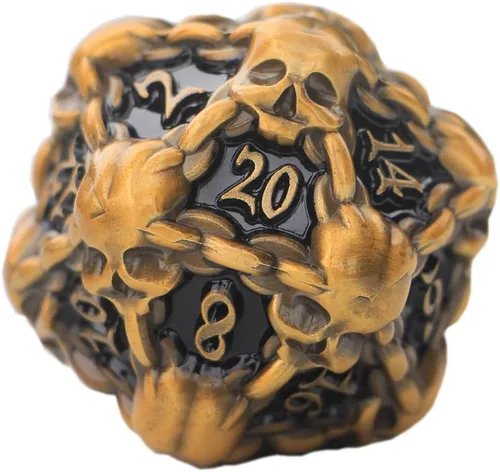 DNDWoW Calavera dorada de metal pesado D20 con cadenas, dados de calavera gótica de gran tamaño para juegos de rol de mesa -BKGH9