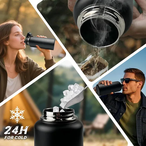 Miniatura 3 de Botella de agua aislada de 32 onzas, jarra de agua negra militar de acero inoxidable con manga, botellas de agua para gimnasio para hombres