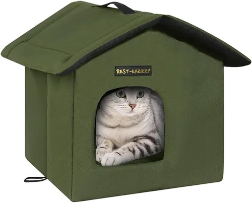 Miniatura 9 de Rest-Eazzzy Casa para gatos al aire libre, resistente a la intemperie y aislada, con alfombrilla y toldo, fácil de poner, refugio para gatos