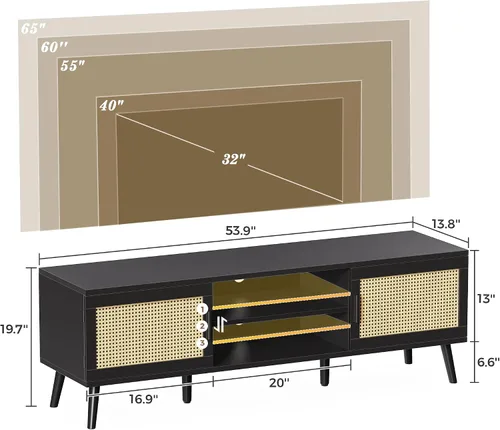 Miniatura 7 de SUPERJARE Soporte de TV para TV de 65 pulgadas, centro de entretenimiento con estante ajustable, consola de TV de ratán con 2 gabinetes, consola