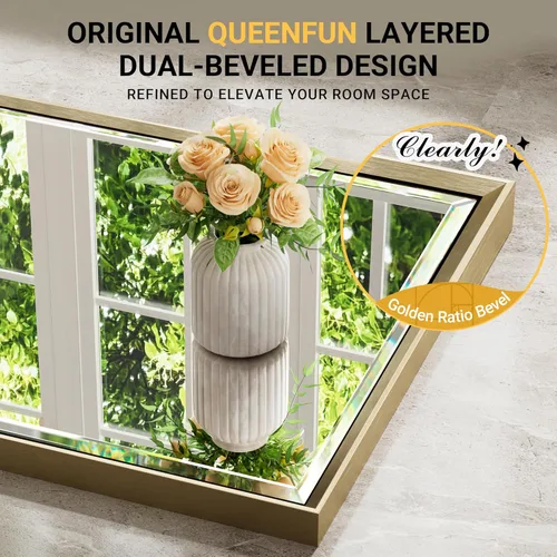 Miniatura 2 de Espejo de baño dorado de 48 x 30 pulgadas, espejo de baño biselado de oro cepillado, espejo rectangular grande con marco dorado inastillable, espejo