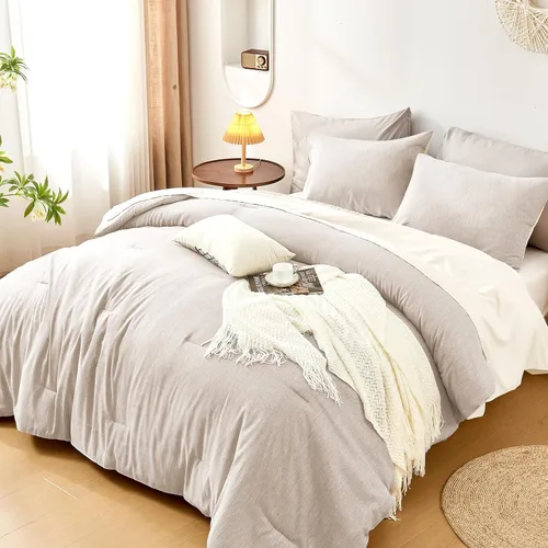 DECMAY Juego de edredón beige de 5 piezas, tamaño individual/individual XL, suave para todas las estaciones, juego de ropa de cama en una bolsa para