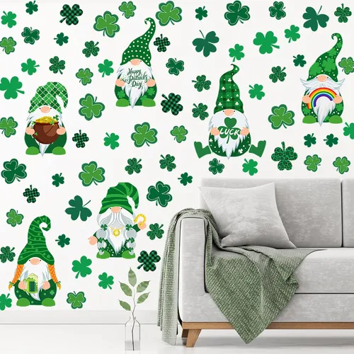 Glenmal 6 hojas de vinilos para pared del día de San Patricio, pegatinas de pared de trébol y gnomo, pegatinas para ventanas del día de San Patricio