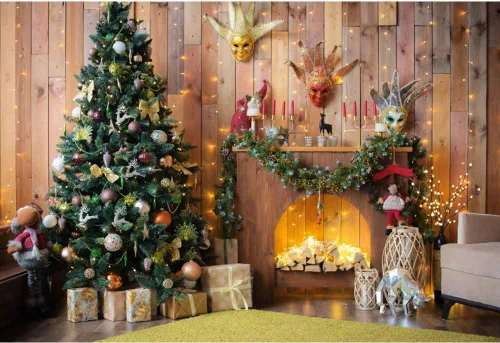 Renaiss Fondo de chimenea de Navidad de 5 x 3 pies, cajas de regalo de árbol de Navidad retro marrón con purpurina, fondo de fotografía de Feliz