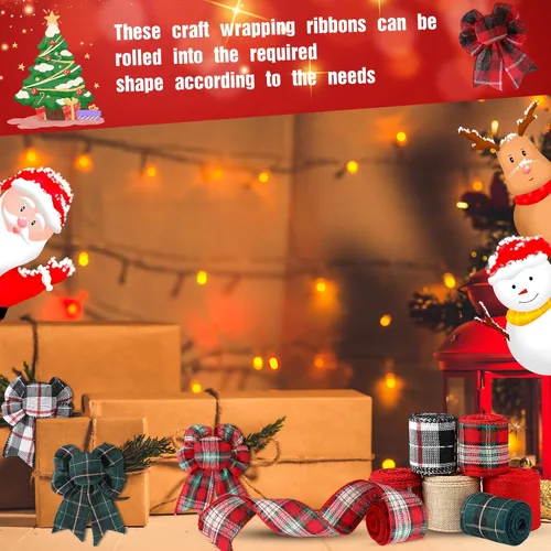 Miniatura 5 de 6 rollos de cintas navideñas con alambre de 32 yardas, cinta multicolor de búfalo a cuadros, cinta de arpillera con borde con alambre, cinta