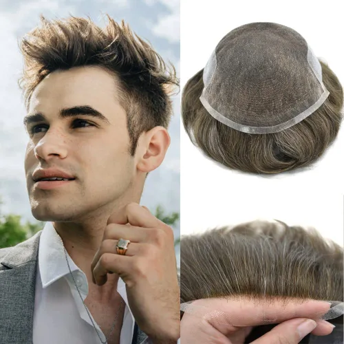 Miniatura 14 de Toupee para hombre, encaje suizo frontal, nudos blanqueados, línea capilar natural, sistemas de reemplazo de cabello humano tipo tupé, piezas hechas