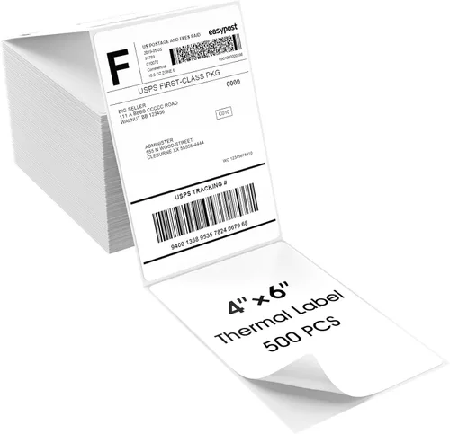 MaxGear Etiquetas térmicas directas de 4 x 6 pulgadas, 500 etiquetas plegadas en abanico, para envío y correo, blanco perforado, grado comercial con