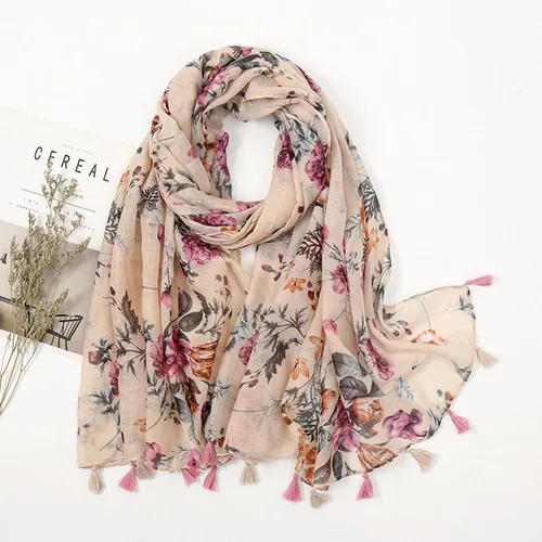 Miniatura 4 de YOUR SMILE - Bufanda bohemia grande para mujer, bufandas ligeras con estampado floral, para otoño e invierno, a la moda, con flecos