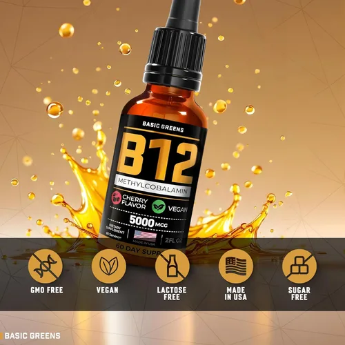 Miniatura 7 de Vitamina B12 - Gotas líquidas de 5000 mcg, fórmula líquida B12 sublingual de metilcobalamina, suplemento B-12 vegano sabor cereza para mujeres